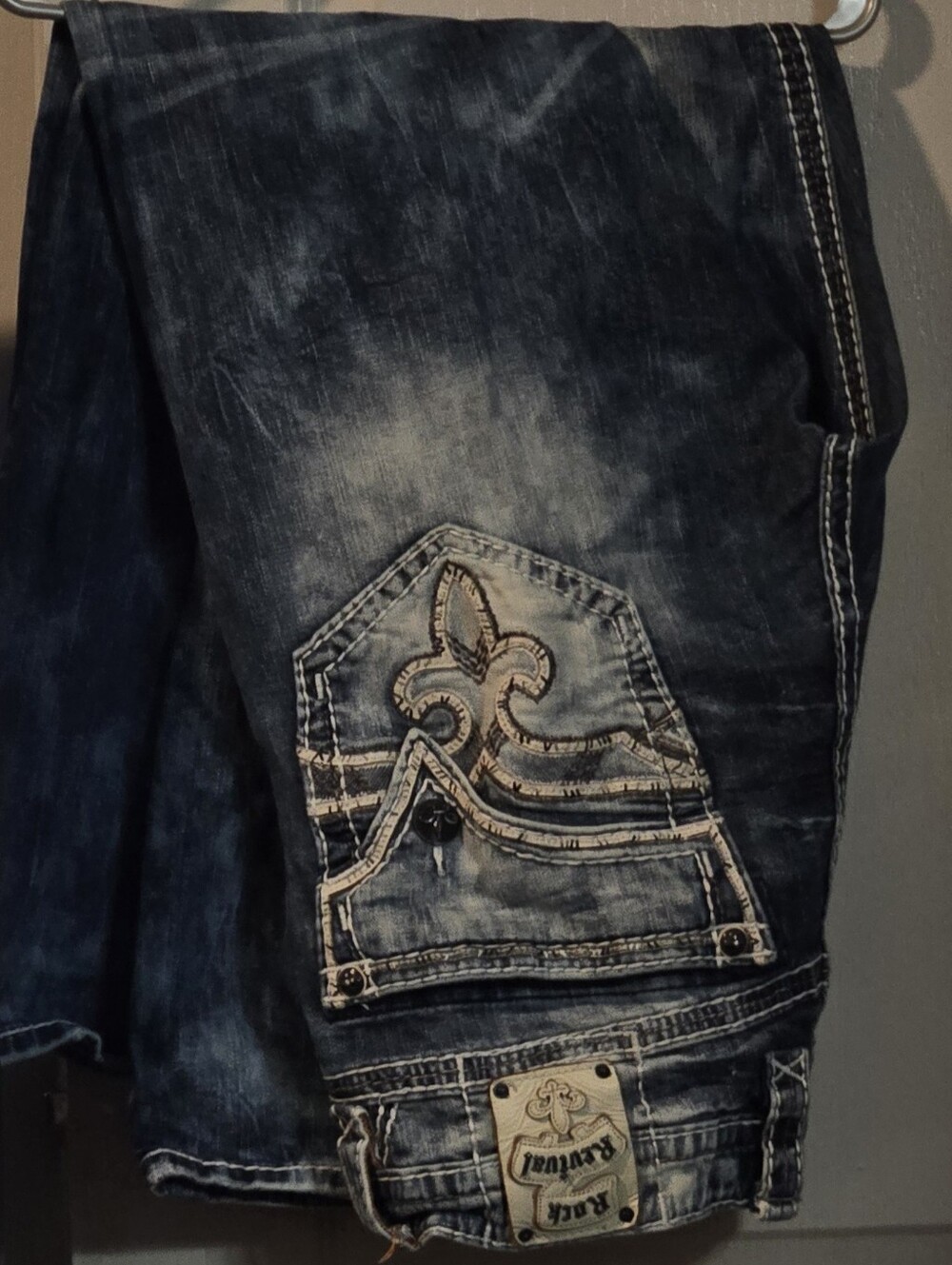 Rock Revival Dark Blue Distressed Jeans with Cream Embroidery